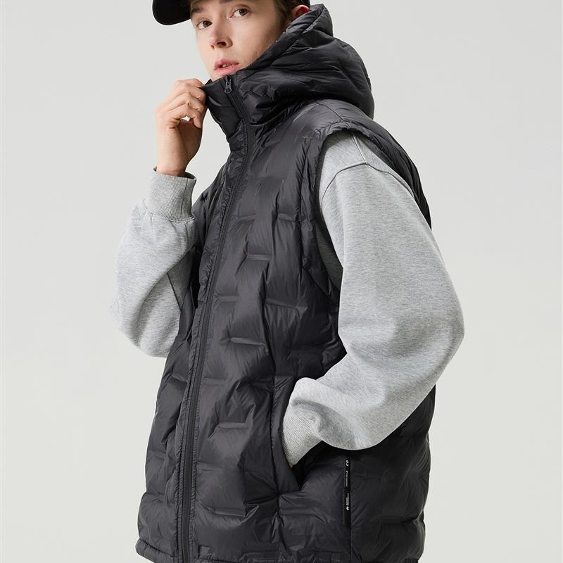 DPX90白鸭绒连帽排骨羽绒马甲男款冬季美式大码宽松压花坎肩外套