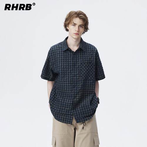 RHRB复古格纹泡泡纱短袖衬衫男女秋季格子休闲宽松情侣衬衣T恤