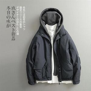 冬季日系复古 假两件连帽一手长阔版短款羽绒服 男 宽松