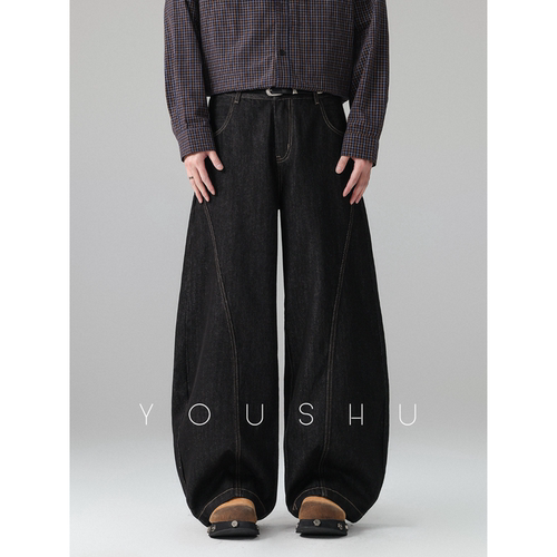 美式复古阔腿拼接弯刀裤男2026春季新款宽松长裤微弹牛仔裤潮