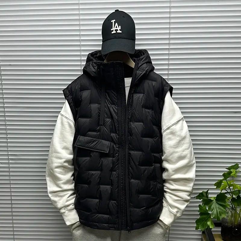 压花连帽羽绒马甲男士冬季装大码青少年斜襟工装无袖羽绒坎肩外套