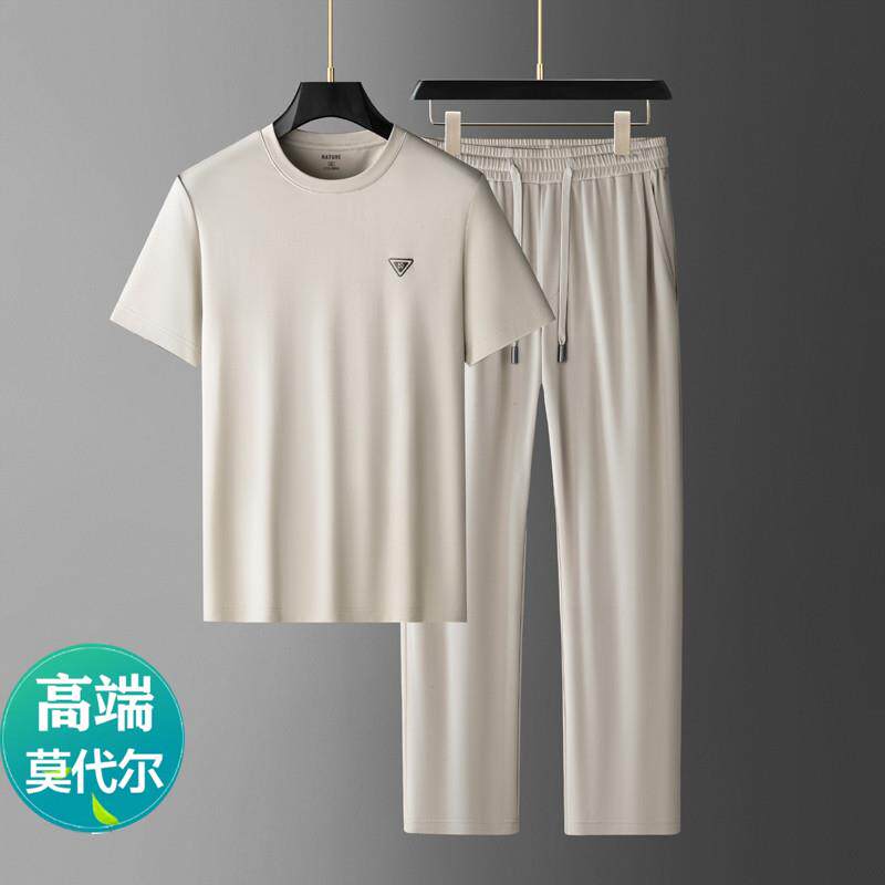 高端莫代尔运动套装男夏季薄款宽松大码冰丝短袖阔腿裤休闲两件套