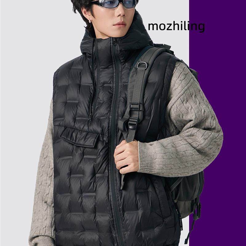 有术白鸭绒斜拉链压印轻薄连帽羽绒马甲男冬季2025新款大码背心