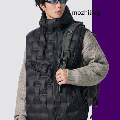 有术白鸭绒斜拉链压印轻薄连帽羽绒马甲男冬季2025新款大码背心