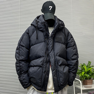 高充绒量防寒羽绒服男潮牌冬季加厚黑色连帽短款白鸭绒面包服外套