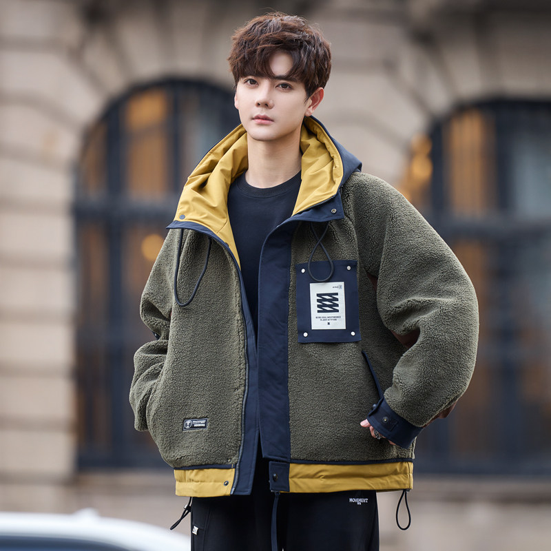 羊羔绒毛羽绒服男款25年新款冬季加厚摇粒绒青少年连帽派克服外套