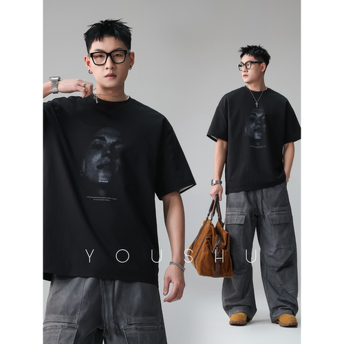 美式潮牌黑色人物印花圆领落肩袖T恤男2026夏季新款宽松休闲短袖