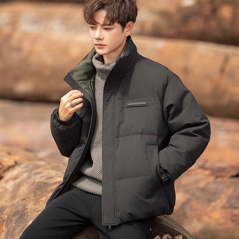 羽绒服男士2025冬季新款肌理加厚短款休闲立领外套男款冬装青少年