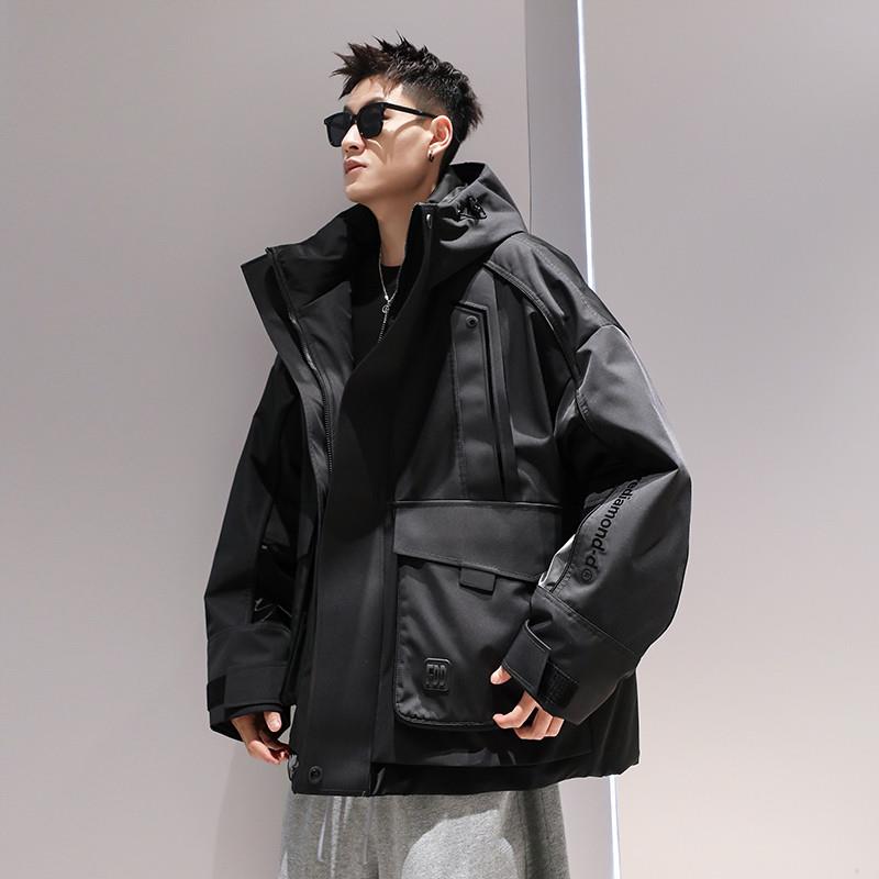 90白鸭绒工装连帽加厚羽绒服男款冬季潮牌设计感休闲宽松拼接外套