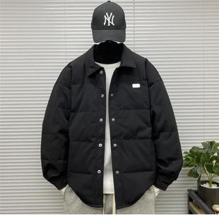 轻薄款翻领羽绒衣服男士冬装大码高级感条纹休闲衬衫式羽绒外套潮