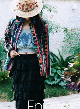 BONITA｜彩虹色印度手织布夹克｜彼得潘领口手工锁边波西米亚外套