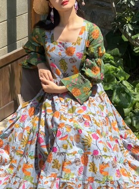 波西米亚风复古印花长袖显瘦连衣裙