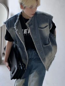 夏季小众设计感时尚套装毛边牛仔马甲男女破洞贴布牛仔裤拖地长裤