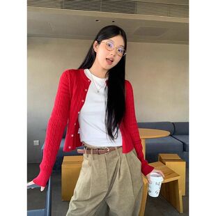 春季韩版红色圆领长袖针织开衫女春季麻花毛衣外套小个子百搭上衣
