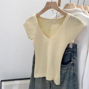 春夏女装 2026新款 针织衫 透气短袖 纯欲收腰显瘦V领上衣潮 粉色夏季