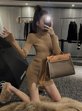 纯欲风辣妹黑色高领针织连衣裙女秋冬性感长袖包臀裙开叉打底裙潮