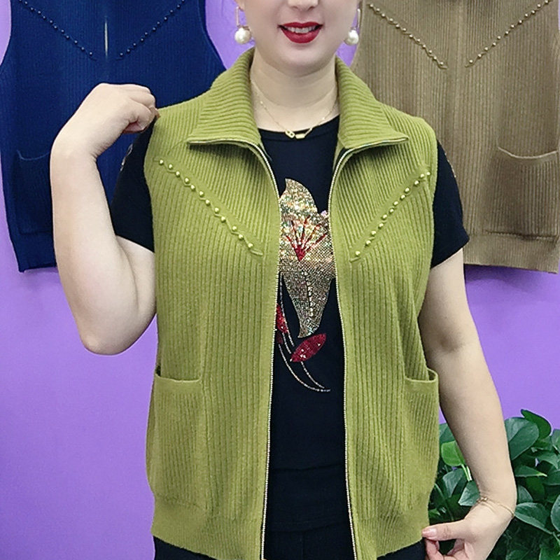 新款春秋年轻妈妈钉珠马甲翻立领宽松拉链外套无袖背心女针织上衣