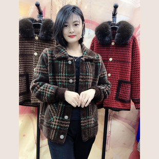 加厚直筒针织纽扣格子长袖开衫厚款方领拼色水貂绒短款外套2025年