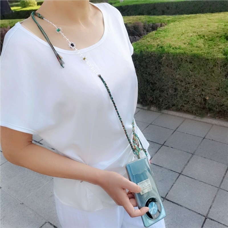 清纹编织藏式老棉线手机斜挎长挂链绳天然白水晶挂脖可背防丢项链