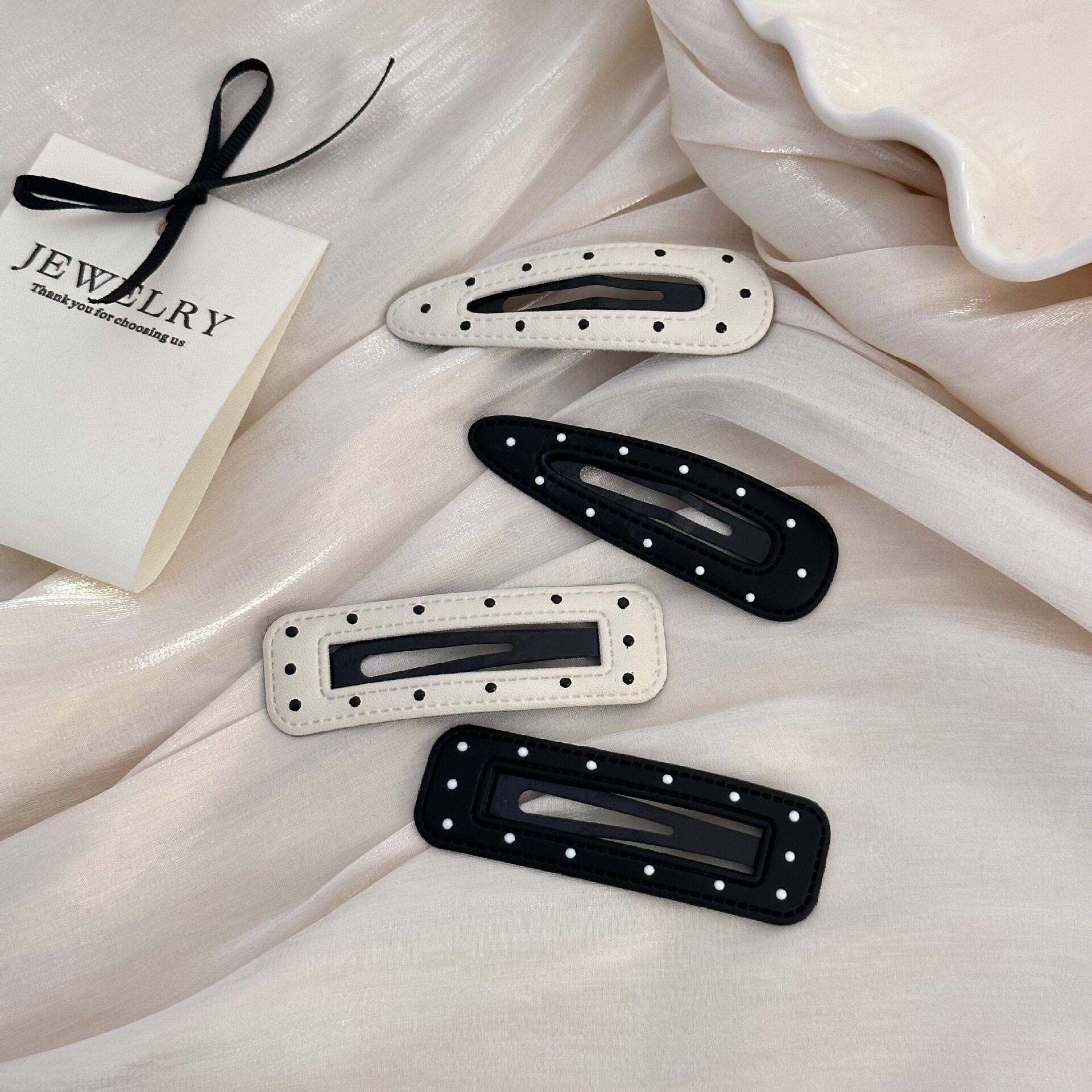 韩版黑白波点皮质发夹水滴BB夹侧边刘海夹2024年边夹发卡碎发夹子