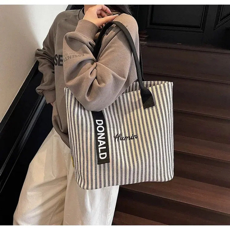 2026新款春夏季条纹帆布包女新款大容量上课手提袋韩系单肩通勤包