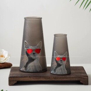漫艳宠物创意线条猫玻璃花瓶猫咪插画设计感ins风桌面摆件装饰