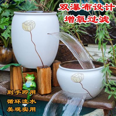 古法养鱼瀑布流水生态缸摆件