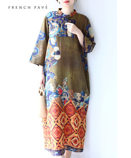 日本直邮2020女装 民族风复古印花休闲舒适棉麻混纺连衣裙长裙 代购