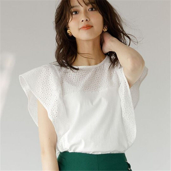 日本海外直邮2023夏季女装代购褶边荷叶边蕾丝休闲甜美淑女衬衫