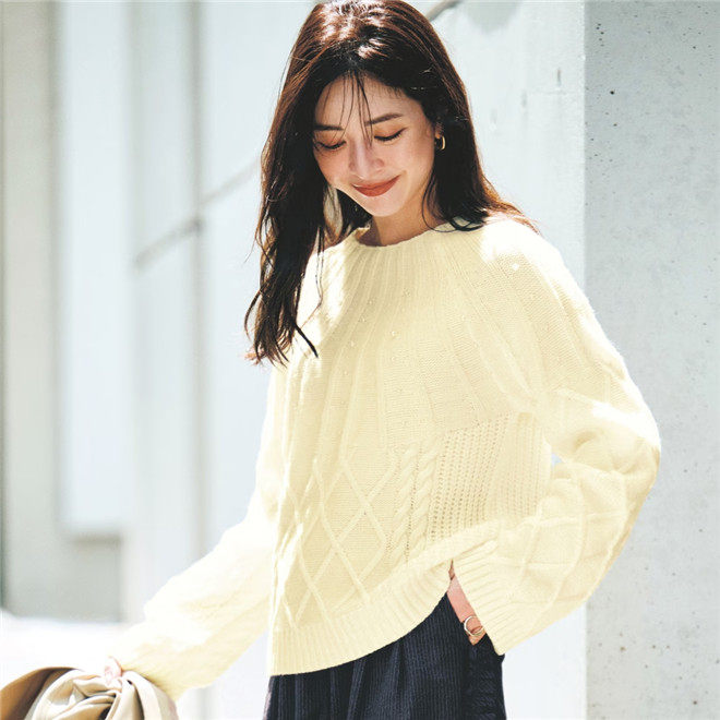 日本海外直邮2025秋女装代购珍珠装饰麻花编织复古针织衫毛衣