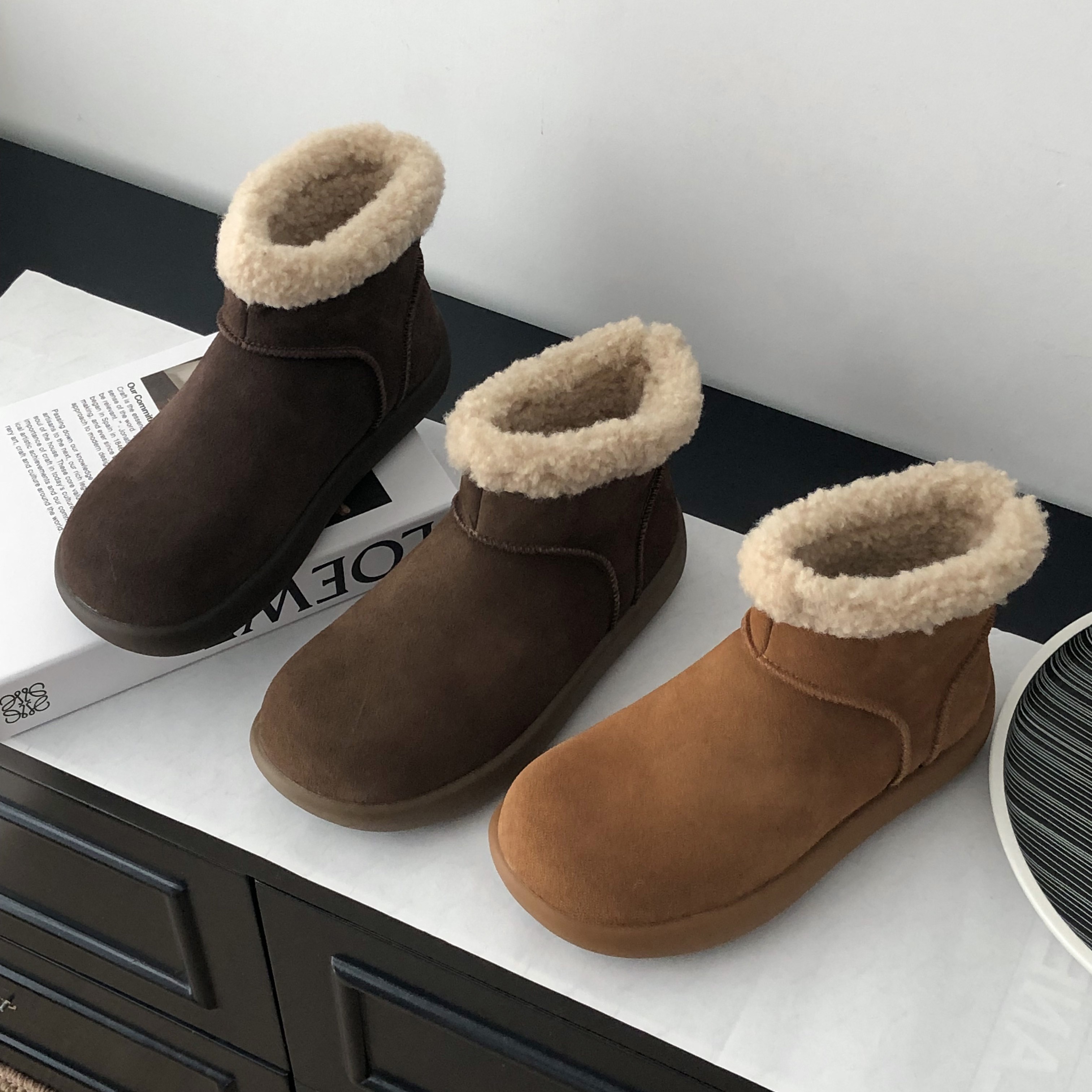 韩系小短靴女2025冬季新款复古勃肯鞋平底加绒保暖圆头毛毛棉靴子,女鞋,时尚雪地靴,淘宝优惠券,粉丝福利购,淘宝优惠卷
