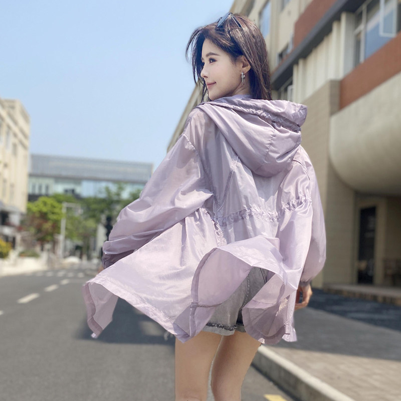 夏季超薄透气大码宽松胖mm连帽防晒衣女韩版中长款收腰显瘦防晒服