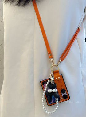 橙色皮质卡通适用oppofindn3flip手机壳斜挎挂绳findn2flip狗狗手提珠链条折叠屏女款背带保护套高档全包防摔