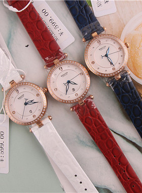 正品精铁时手表K6015L镶钻石英表韩版时尚潮流女表学生表真皮带