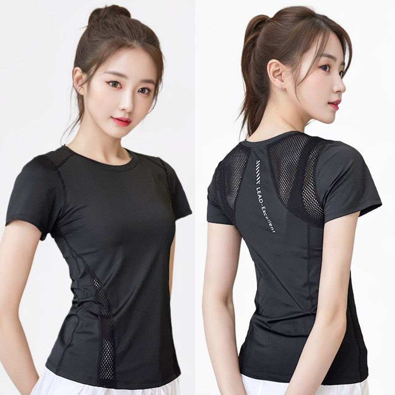 大码网眼美背透气速干运动短袖女修身高弹力吸湿排汗瑜伽休闲T恤