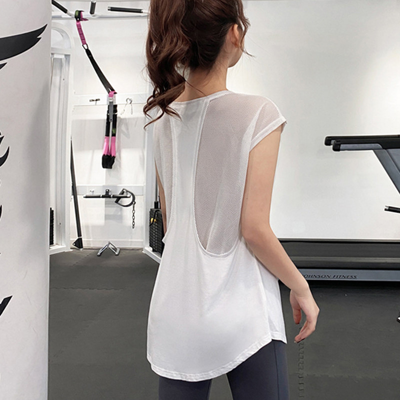 纯色网纱拼接美背透气健身背心速干吸湿排汗宽松瑜伽跑步运动罩衫