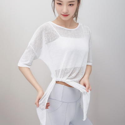 健身中袖半透明侧面开叉宽松