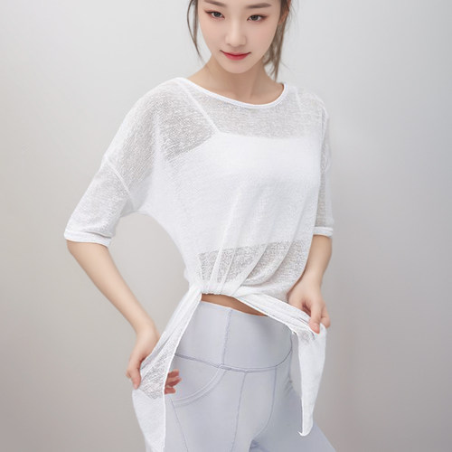 健身中袖半透明侧面开叉宽松