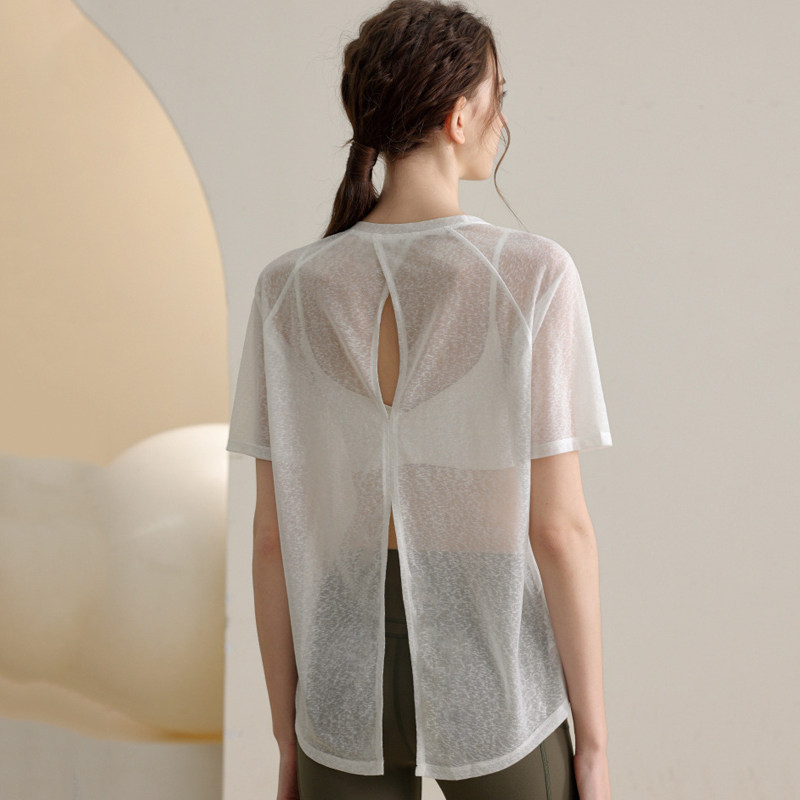 透明健身宽松版运动短袖女速干美背开叉可打结跑步瑜伽罩衫透气薄