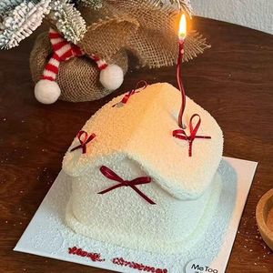 2026网红简约雪屋圣诞节蛋糕装饰丝带蝴蝶结曲线蜡烛节日烘焙装扮
