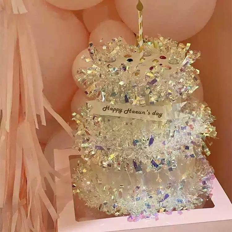 网红ins风韩式炫彩雨丝插件生日蛋糕装饰围边蜡烛镭射流苏插卡款