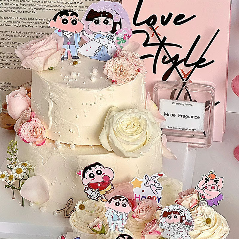 粉色系甜品台蜡笔小新小爱订婚求婚装饰烘焙蛋糕插件婚礼派对结婚