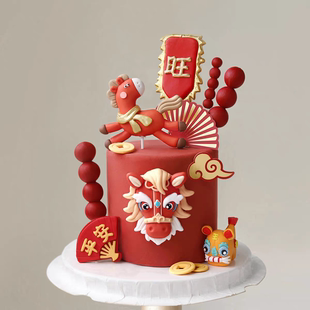 2026网红新中式奔跑小马马头糖葫芦折扇插件马年新年蛋糕装饰摆件