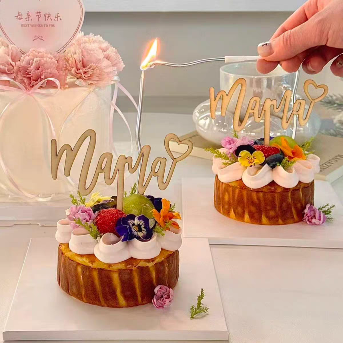 网红木质爱心妈妈mom节日烘焙插件插牌配件母亲节巴斯克蛋糕装饰