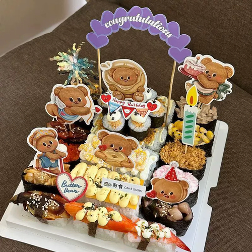 卡通儿童可爱生日派对插件网红黄油小熊插旗寿司蛋糕装饰插牌