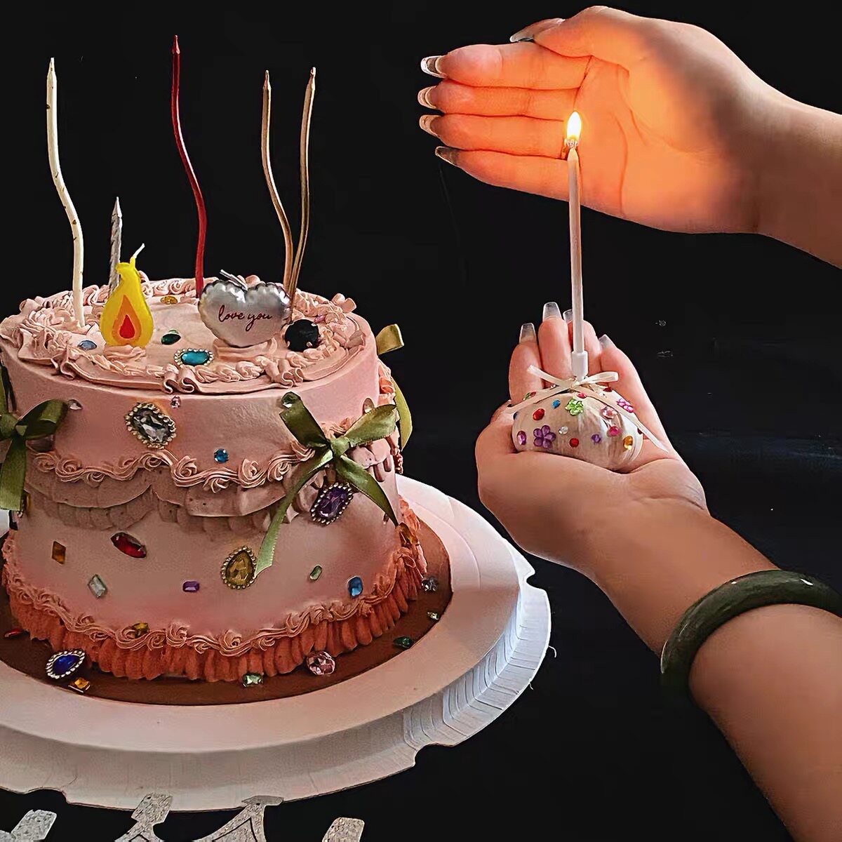 网红小仙女生日宴彩色宝石蛋糕装饰女生纪念日爱心蝴蝶结插件装扮