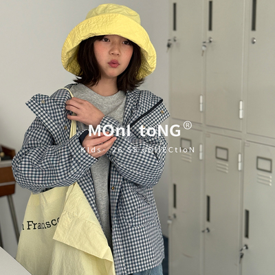 MONI 蓝色格子戴帽夹克风衣外套 中性款