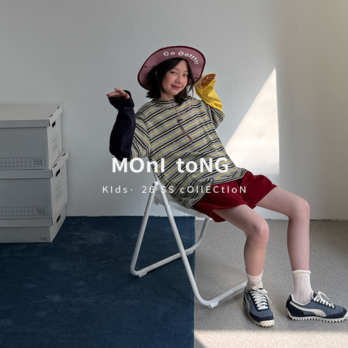 MONI 条纹假两件双色袖子T恤/2色水洗棉挺括中裤 中性款