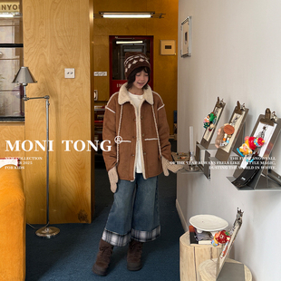 MONI 皮毛一体大衣/格子翻边8分牛仔裤(拉绒)