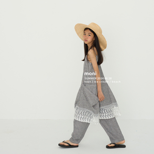 MONITONG 高级感红色提花棉麻套装 宽花边立体口袋吊带/锥形长裤